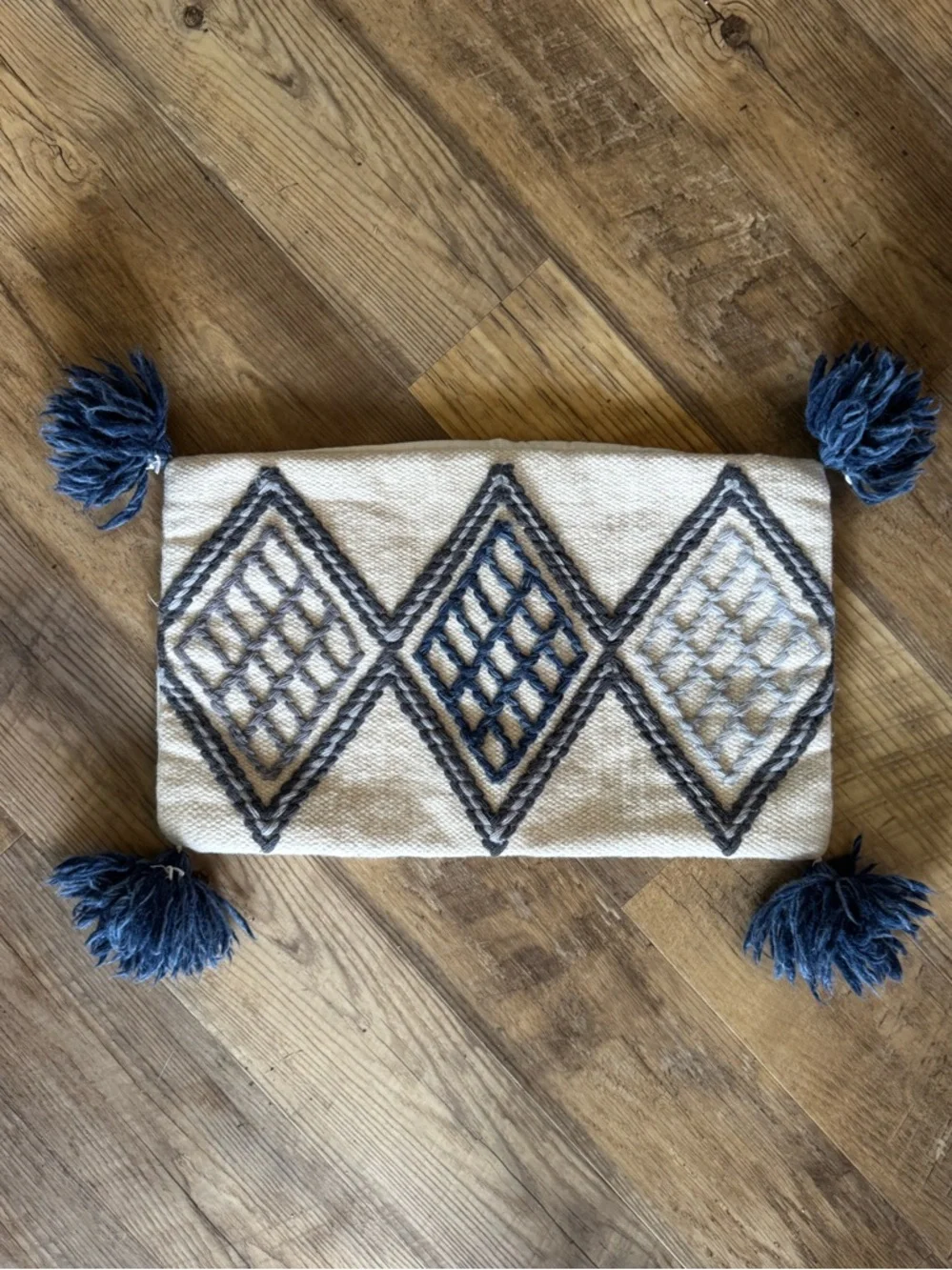 Magnolia Home Diamond Pattern Oblong Throw Pillow Cover with Blue Tassels Wool
